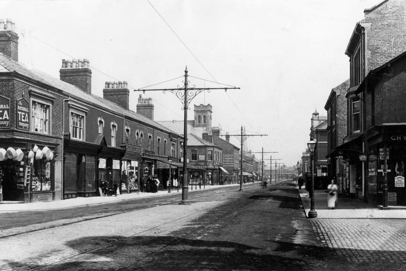 This photograph shows the view down Lord Street from the junction with Preston Street not long after the tramway opened in the town in 1898. The Spire of St Peter's Church can be seen faintly in the distance, it was removed in 1904. The church in the centre is the Congregational Church which was demolished in 1936 to make way for a Marks and Spencer store. On the right the bell tower of the Co-operative Hall which stood on the corner of Kemp Street can be seen, Peacock's is now on this site.