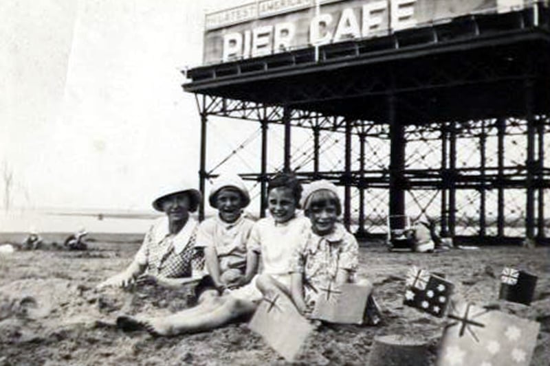 Margaret Pater and friends on the beach next to Fleetwood Pier in 1934