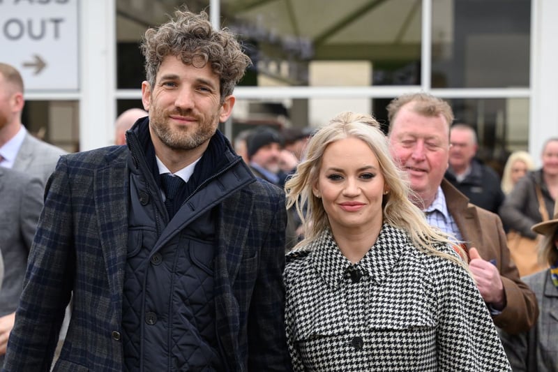 CHELTENHAM, ENGLAND - MARCH 13: Model Max Rogers and singer Kimberley Wyatt attend Style Wednesday, day two of the Cheltenham Festival at Cheltenham Racecourse on March 13, 2024 in Cheltenham, England. (Photo by Leon Neal/Getty Images)