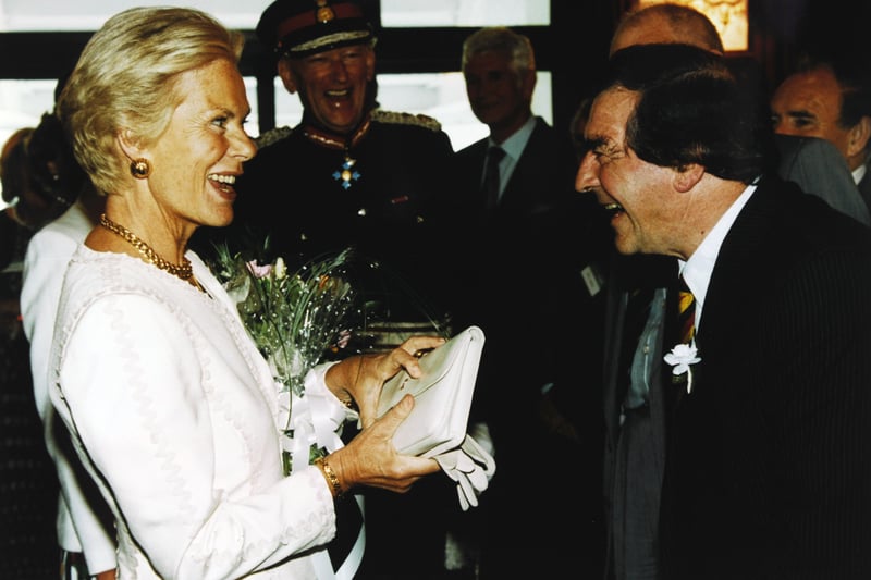 The Duchess of Kent and cricket legend Fred Trueman share a joke in July 1993.