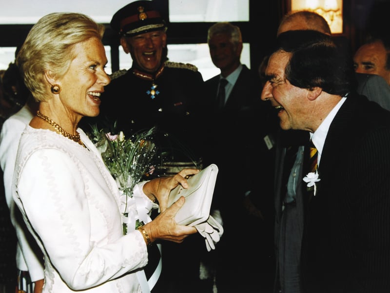 The Duchess of Kent and cricket legend Fred Trueman share a joke in July 1993.