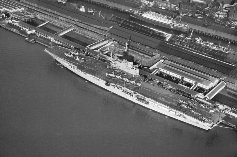 HMS 'Centaur' docked in Liverpool in 1963. One of the Centaur-class light fleet carriers of the Royal Navy. Launched in 1947 she saw service until 1966.