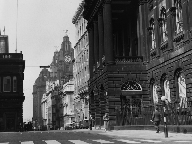 Liverpool town hall, with the Liver Building visible in the background in May 1963.