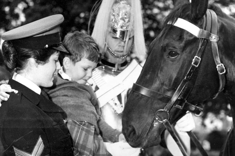 Edinburgh Festival 1958 - 
Members of the Military Tattoo perform for the children of the Princess Margaret Rose Hospital. Five year old Michael Malendola from Queensferry meets Eightsome, one of the Tattoo horses