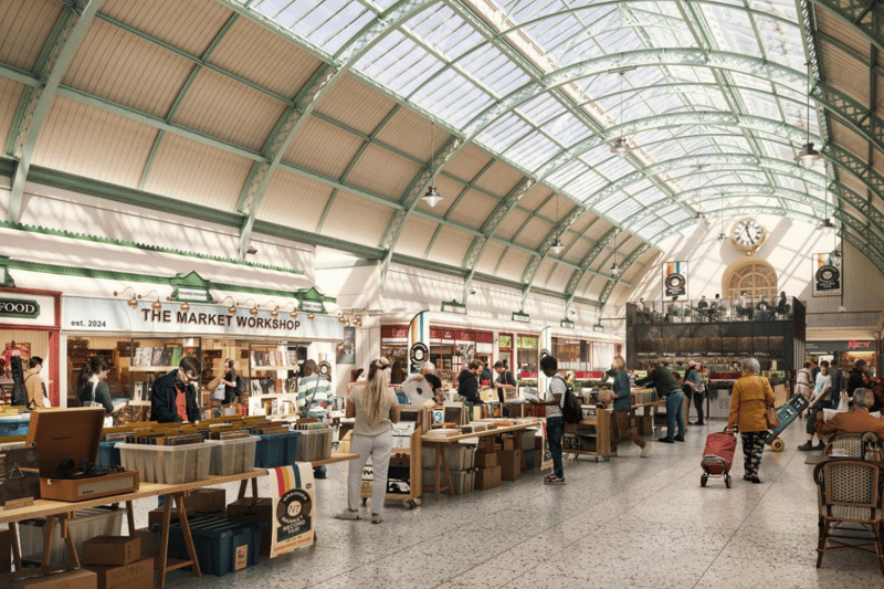 The central units in the arcade (built in the 1970s) are to be removed to provide lots of new seating
and tables, which can be stacked and stored to make way for occasional events such as a vinyl fair
pictured here. A new terrazzo floor will be laid in the arcade that picks up the heritage colours of the
refurbished roof structure.