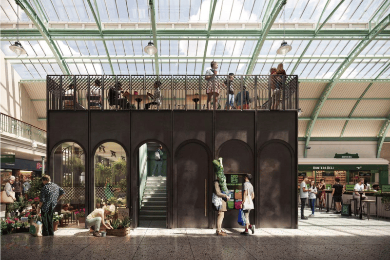 The two new blackened steel pavilions propose arched forms and decorative balustrade patterns
informed by the patterns, colours and proportions within the market. The Nelson Street pavilion will
provide a servery counter that caters for daytime market trading as well as supporting events in the
arcade, and an upper-level platform for additional seating. Both pavilions will provide trader space,
and secure entrances down to the air raid shelters beneath the market.