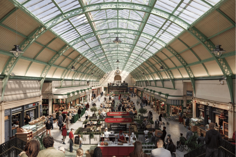 Proposed view from the top of the Nun Street pavilion looking down the arcade towards the Nelson
Street pavilion. Visitors to the market will be able to choose from a variety of new places to sit in the
arcade, watch a trader demonstration, eat a market picnic or enjoy a meal at one of the market cafes.