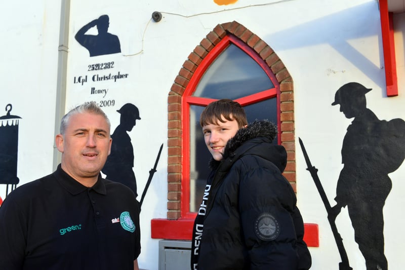 The LCpl Christopher Roney memorial mural rightly took pride of place on The Times Inn, in 2023. 
Son William Roney, 14, is pictured with landlord Steve Lawson.