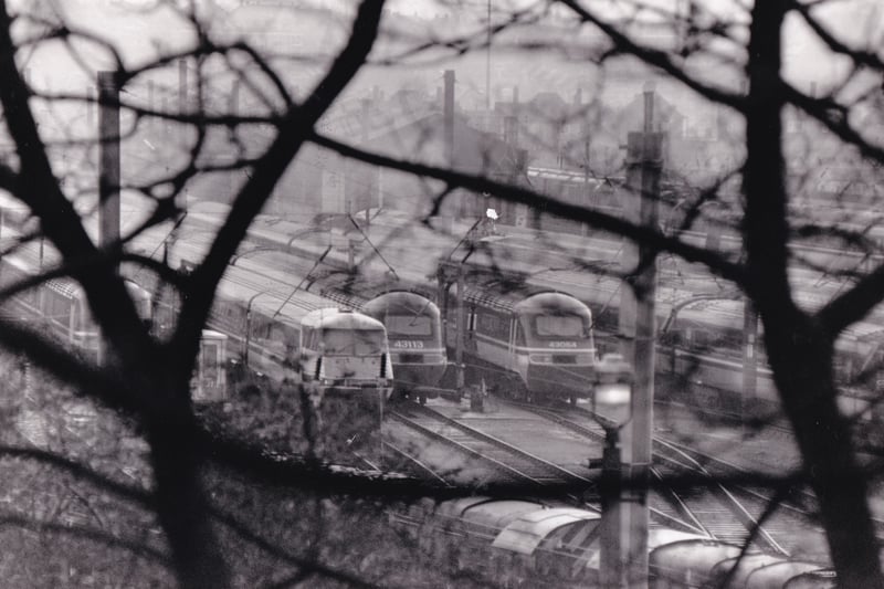 Parked up. Trains lie idle at Neville Hill depot in April 1993.