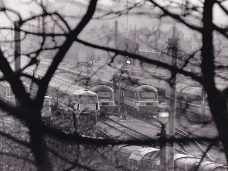 Parked up. Trains lie idle at Neville Hill depot in April 1993.