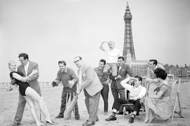 Stars of the Central Pier Show "Let's Have Fun" enjoy a break in rehearsals with a game of cricket on the sands.
l-r Babette, Eric Morecambe, Ernie Wise, Jimmy James, The Trio Vedette, David Galbraith, Bretton Woods and Shelley Marshall