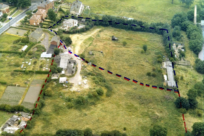 An aerial view of the Fortress Kennels on Rock Lane off Rodley Lane. This image was taken for a planning application in 1979. The markings show the proposed location of a detached bungalow and extension to existing building, to form a dog breeding and training kennels, a cattery and self contained boarding kennels for dog breeding.