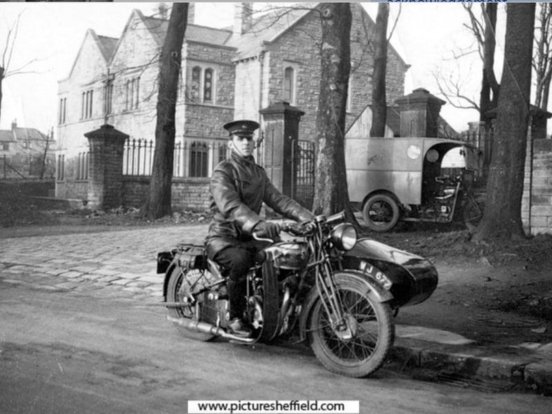 A police officer on his motorbike, 1933 style,  outside what was then the new Crosspool Tavern on Manchester Road. Picture: Maurice Drury, Picture Sheffield