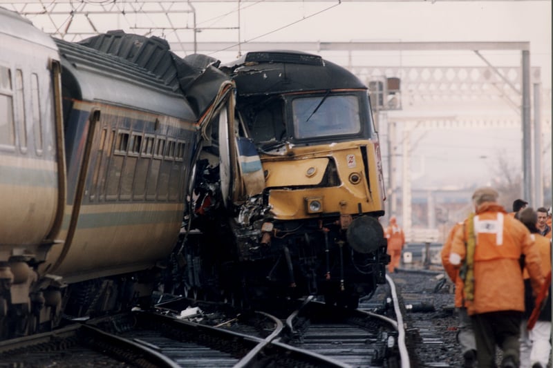 The aftermath of a rail crash at Leeds City Station in November 1993.