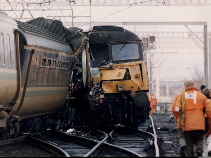 The aftermath of a rail crash at Leeds City Station in November 1993.