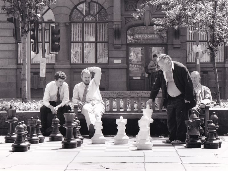 Hard day's knight. The warm weather in June 1993 failed to deter the most avid chess players in Leeds city centre - and at least one of them decided that it would be best to keep a cool mind and cool body while enjoying a match.