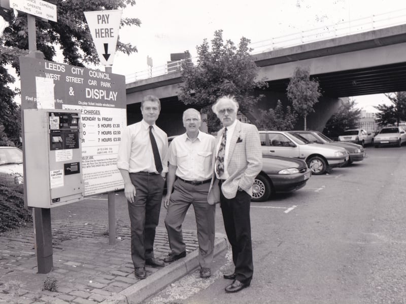 Three Leeds motorists turned vigilante in an attempt to stem the tide of theft and vandalism at a city centre car park in August 1993. The went 'on patrol' at lunchtime to check their vehicles were safe and to watch for suspicious characters. Philip Silver, Keith Harrison and Gary Richardson took the step after they had their cars stolen from West Street car park next to Wellington Street flyover.