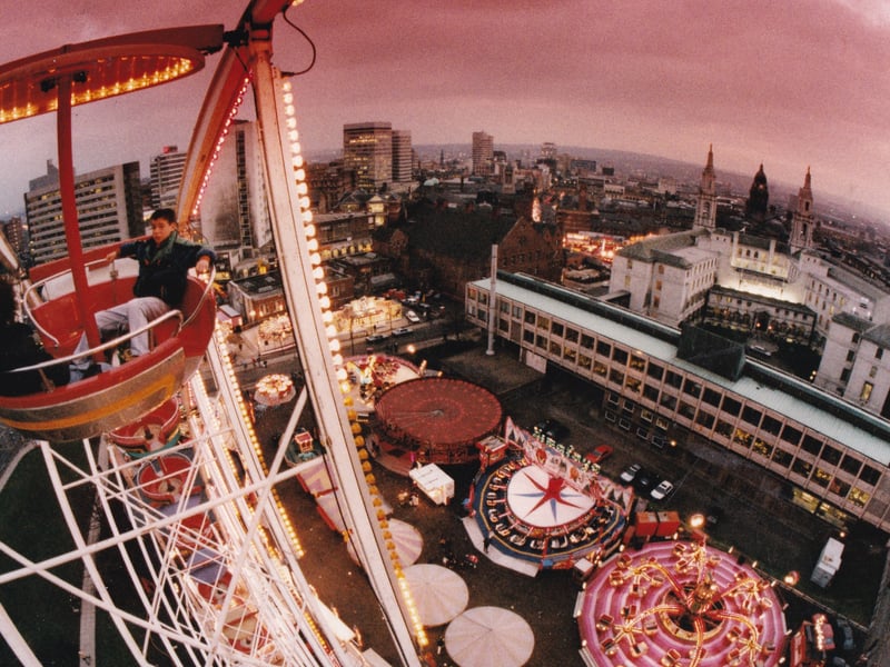 Up, up and away for the best possible view of the city's skyline in February 1993. Hundreds of people flocked to the first ever Valentine Fair on The Headrow. And as the young at heart discovered from the top of the giant Ferris Wheel, Leeds looks a different world.