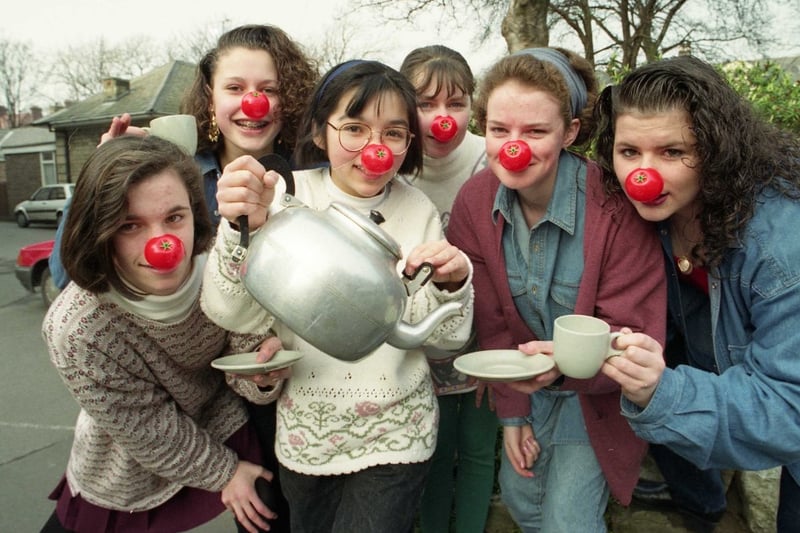 St Anthony's schoolgirls provided tea and biscuits for the staff in aid of Comic Relief in 1993.