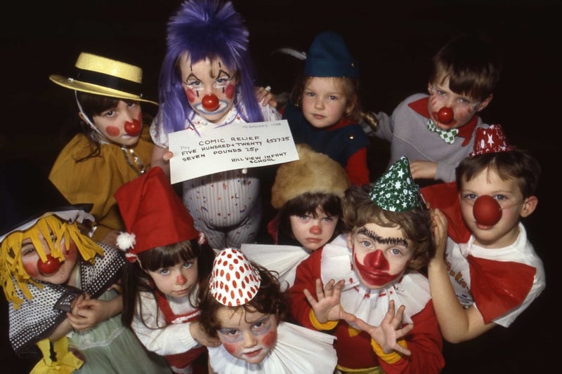 There were clowns galore at Hill View Infants on Red Nose Day in 1988.
They did a fantastic job in raising more than £520.