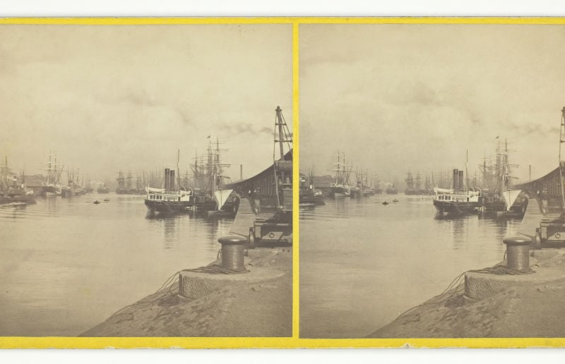 An old stereocard of the River Clyde showing sail boats and steamships.