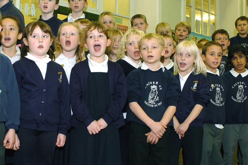 Pupils from Calverley Parkside Primary School take part in The Big Sing singing the Bill Withers song Lean On Me. Pictured in December 2005.