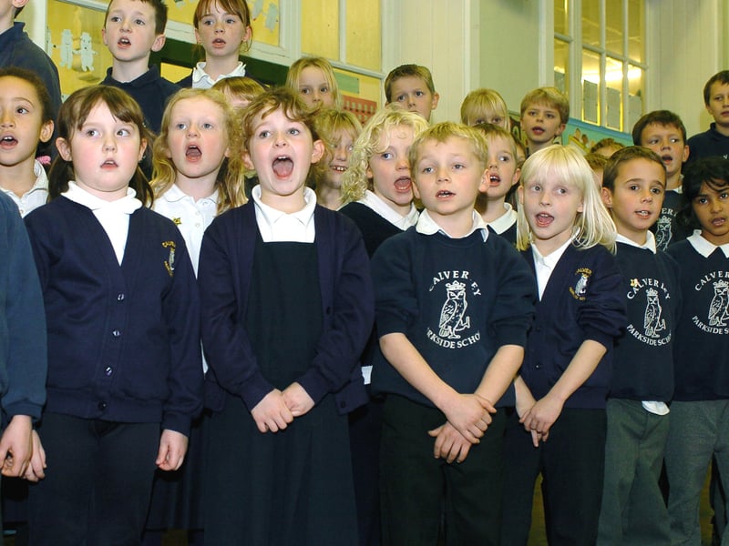 Pupils from Calverley Parkside Primary School take part in The Big Sing singing the Bill Withers song Lean On Me. Pictured in December 2005.
