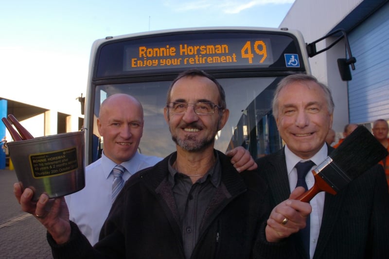 Coach painter Ronnie Horsman had spent 49 years in the job when he retired from Stagecoach buses in 2011.
Engineering manager Kim Teasdale and engineering director David Kirsopp  gave him a great send-off.