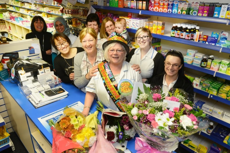 Patricia Sedgwick spent 48 years after Hylton Castle Pharmacy, Chiswick Square, before retiring in 2014.
She is pictured third from right with other members of staff.