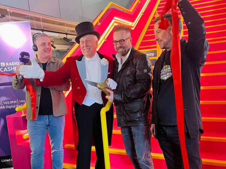 Showtown is officially open, thanks to Alfie Boe who cut the ribbon. Pictured are (from left) Graham Liver from BBC Lancashire, circus ringmaster  Norman Barrett,  Alfie and Paul Zenon.