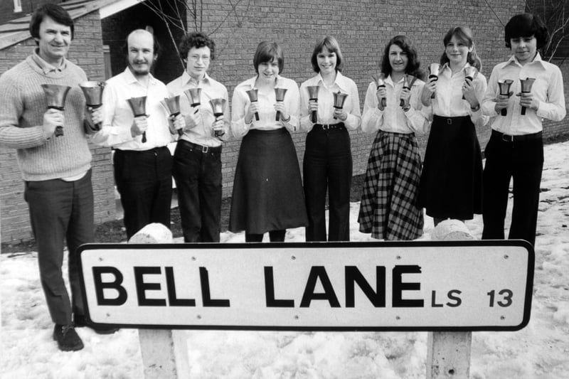 Where better to find bell ringers than Bell Lane? It has a nice ring to it! They belonged to St. Peter's Church but because the church bells were out of action due to restoration work in February 1979 they had taken up handbell ringing.
