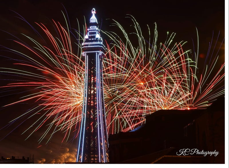 Blackpool Tower lit up during a fireworks display. Credit: KC Photography