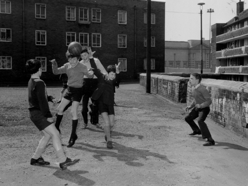 A group of children playing football in Juvenal Gardens, Liverpool in 1971.