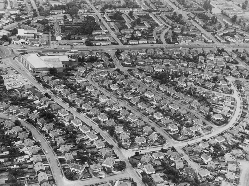 The Sandway and Hawkhill estate pictured in October 1988. With the Asda store as a marker, Cross Gates Road runs left top right across the photo with the store sited at its intersection with Cross Gates Lane which comes down to bottom centre.