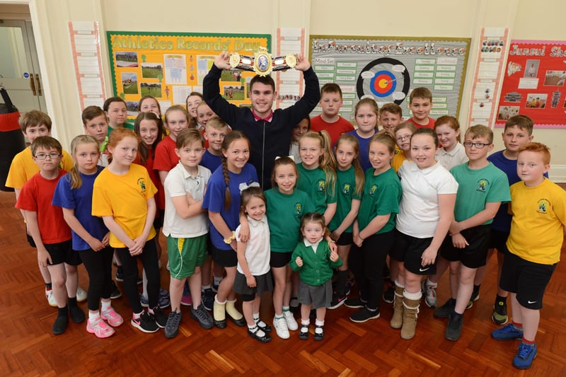 British champion boxer Tommy Ward visited his former school at West Rainton Primary School in this  photo from June 2017.