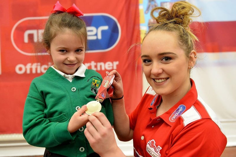 Champion gymnast Amy Tinkler handed out medals when she visited the school in 2018.
Here she is with Tiffany Ward from the school's gym club.
