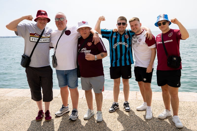 A group of Jambos in Greece for the Europa Conference League play-off second leg in August.
