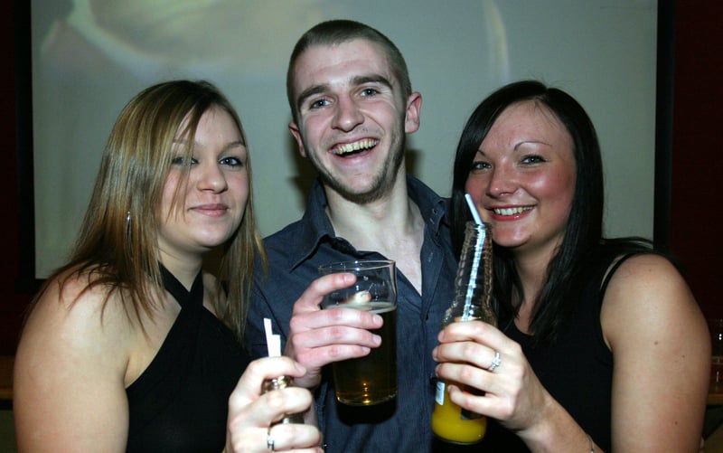 Vicky Sherlock, Chris Harris and Katie Stopford at the Cavendish pub, on West Street, Sheffield, in 2004