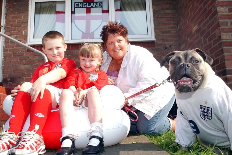Bull mastiff puppy Emily proudly wore the England colours along with Lyndsey Maddison and her children Kyle and Chelsea, in World Cup year in 2006.