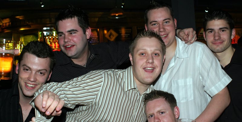 Lloyd, Graham, Matt, Pete, Richard and Paul at the Varsity pub on West Street, Sheffield, in 2004
