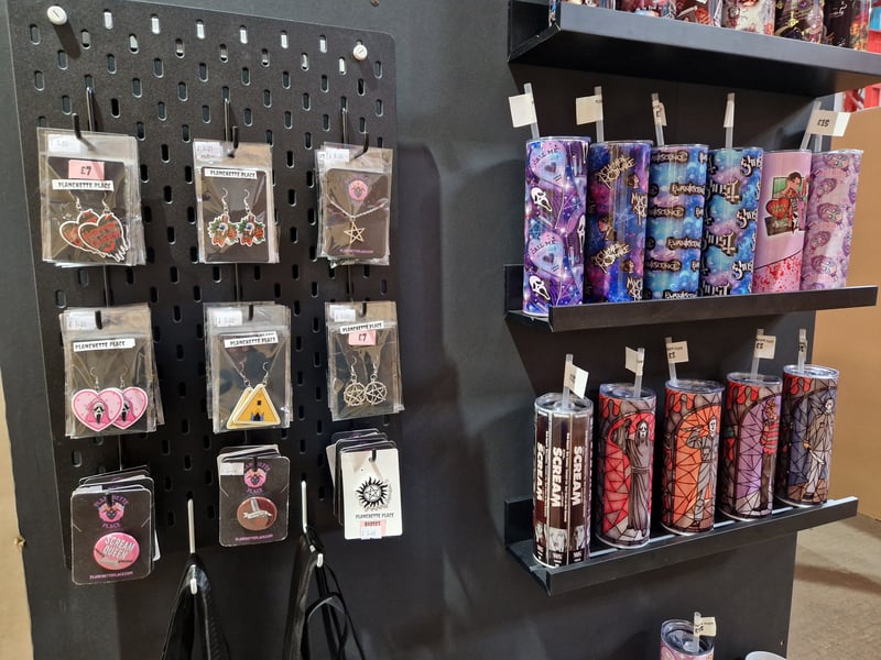 Unique earrings and water bottles by Planchette Place, on sale at Red Brick Market Sheffield, on Clough Road, off Bramall Lane