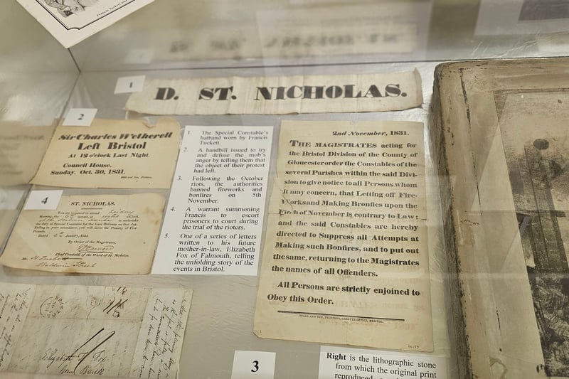 The display includes a warrant summoning Francis Tuckett to escort prisoners to court during the trial of the rioters and a series of letters written to his future mother-in-law, Elizabeth Fox of Falmouth, telling the unfolding story of the events in Bristol.