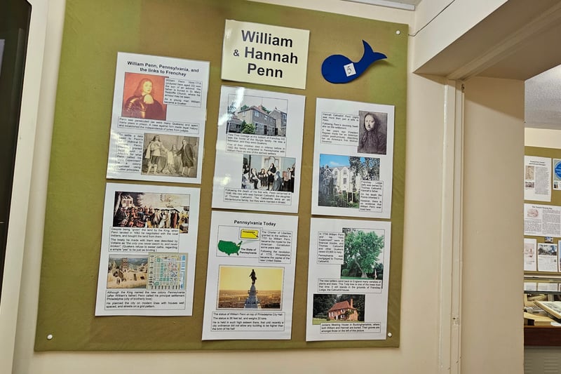 The display depicts William Penn's involvement in the creation of Pennsylvania and Philadelphia.