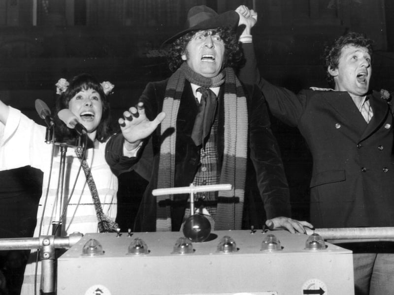 Dr Who (Tom Baker) with time travelling assistants Sarah Jane (Elisabeth Sladen) and Harry (Ian Marter) switching on Blackpool Illuminations in 1975