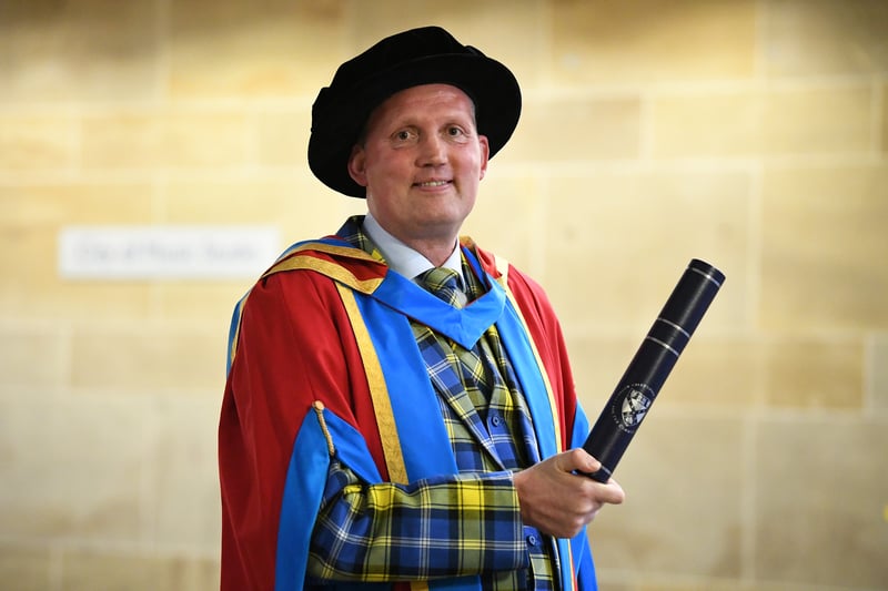 Former Scotland international rugby star Doddie Weir, poses for photographers following receiving an Honorary Degree of Doctor of Science from Glasgow Caledonian University for his contribution to the sporting community and charitable fundraising in November 2018. 