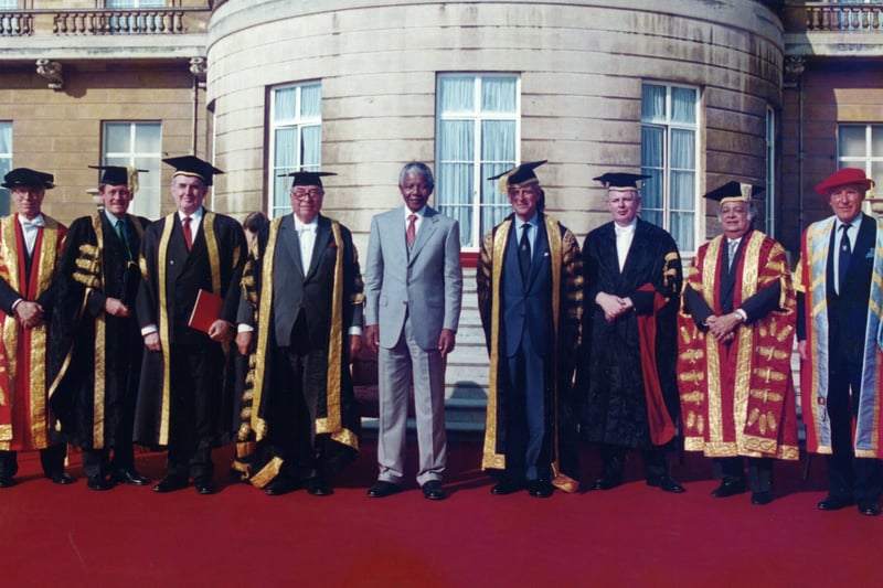 Glasgow Caledonian University gave Nelson their highest honour in 1996 - Honorary Doctorate of the University – at a ceremony at Buckingham Palace in recognition of his leadership in fighting apartheid.