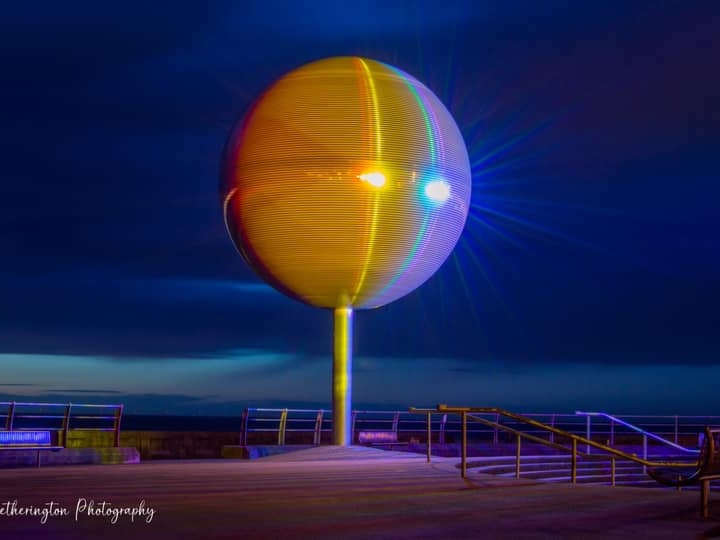 The artwork was created by artist Michael Trainor and is reputed to be the world’s biggest Mirror Ball being 6m in diameter (Credit: Dave Hetherington Photography on Blackpool Gazette Camera Club)
