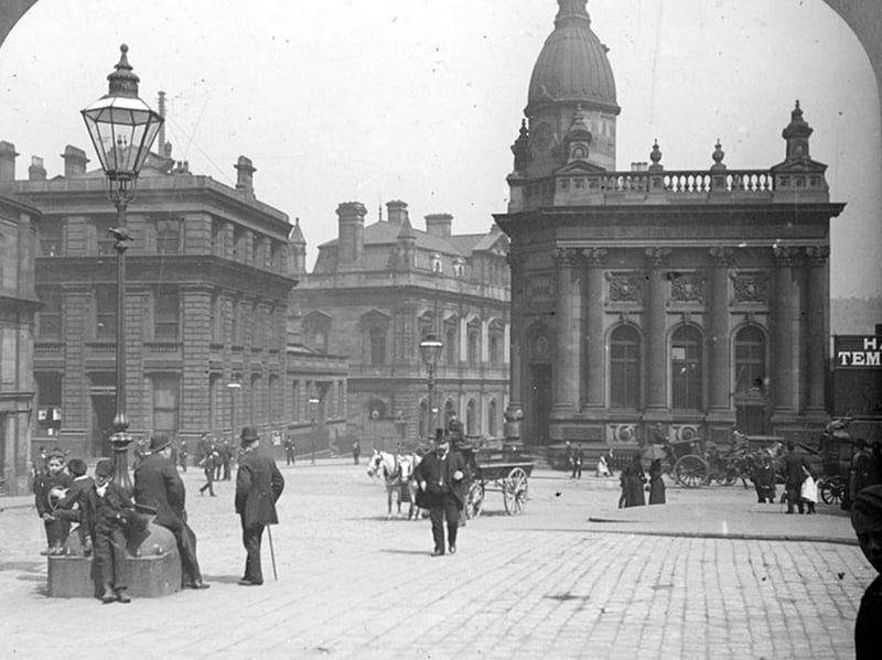 Fitzalan Square looking towards Commercial Street and Sheffield Gas Co., offices, Birmingham District and Counties Banking Co, right, General Post Office (Haymarket), left, in 1894