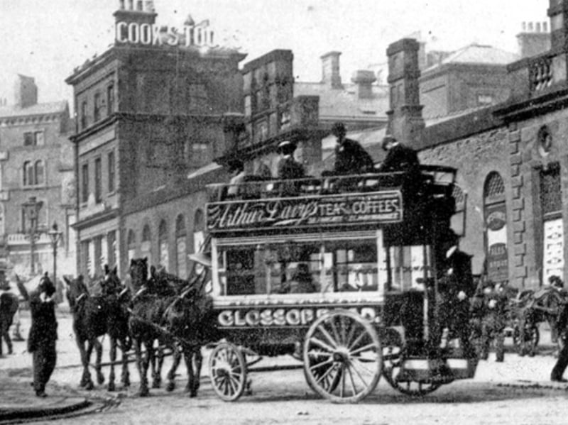 A horse-drawn omnibus outside Fitzalan Market Hall, Fitzalan Square/High Street, some time between 1851 and 1899