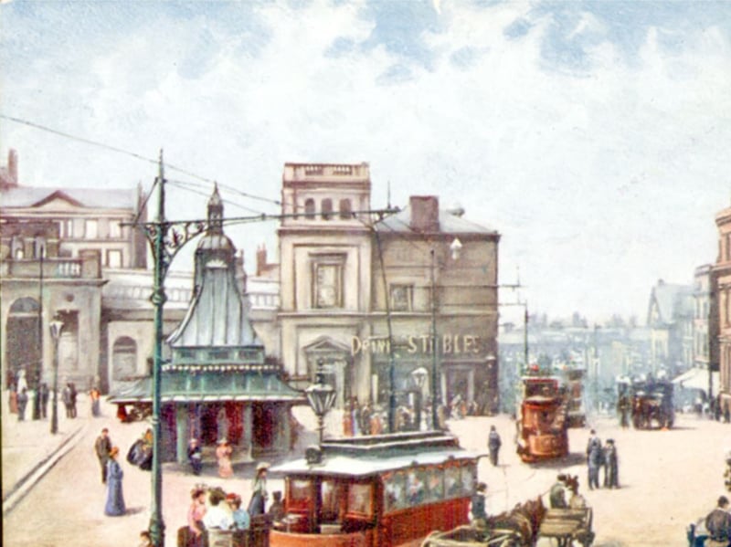 Fitzalan Square, Sheffield, some time between 1895 and 1915, with Market Street and Omnibus Waiting Room, left, Fitzalan Market Hall, centre, and Birmingham District and Counties Banking Co. Ltd. and General Post Office (Haymarket), right